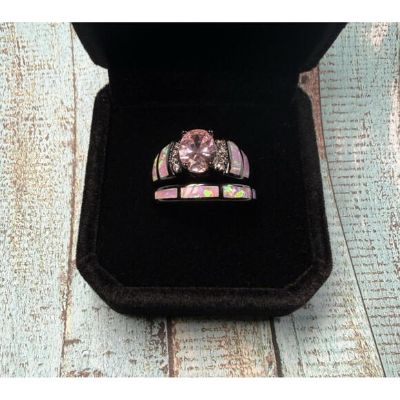 Black Pink CZ Ring Sz 7.5 Engagement Wedding Set Iridescent Inlaid Band Gift Box - Picture 3 of 4